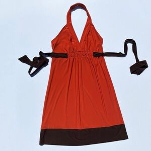 Bisou Bisou Burnt Orange Brown Halter Dress 90s Y2K Summer size 8 2000s Beach